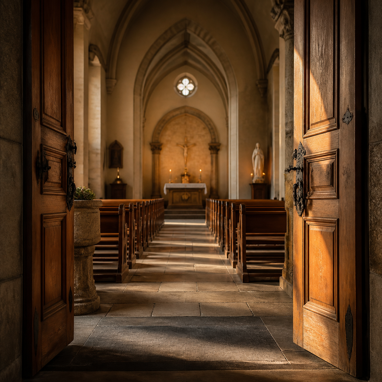 Offene Kirchentür mit Blick in ein ruhiges katholisches Kirchenschiff