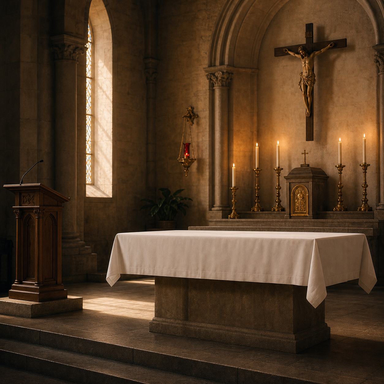 Katholischer Altar mit weißem Tischtuch, Kerzen, Kreuz und Ambo