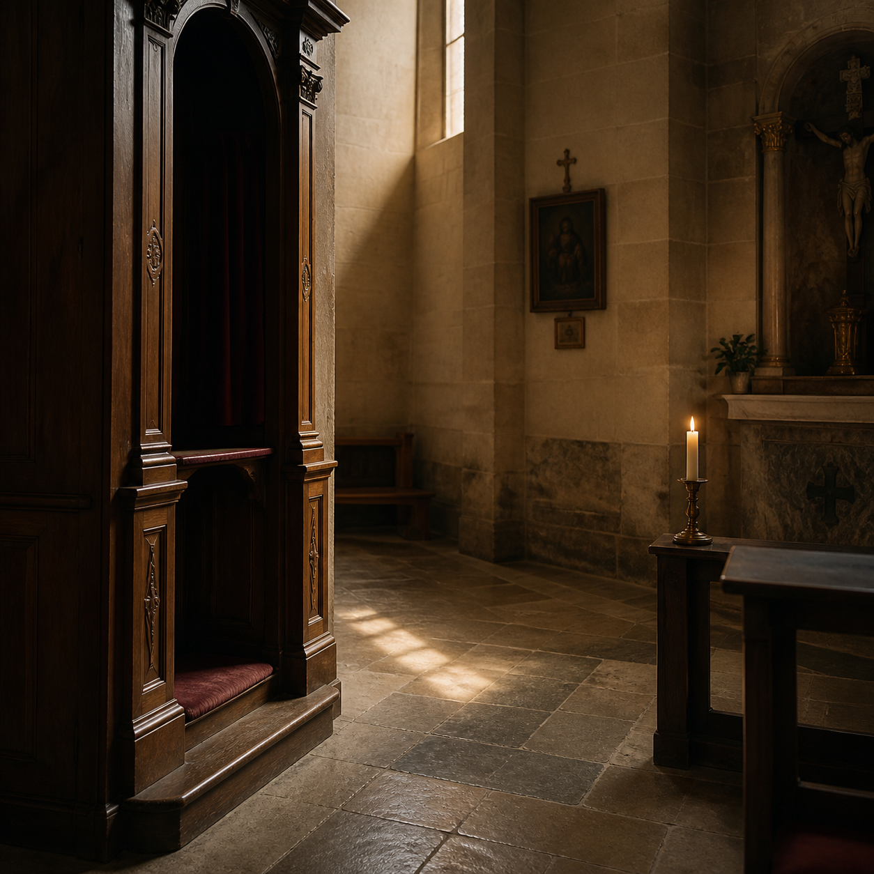 Ruhige Seitenkapelle mit Beichtstuhl, Kerze und Kreuz