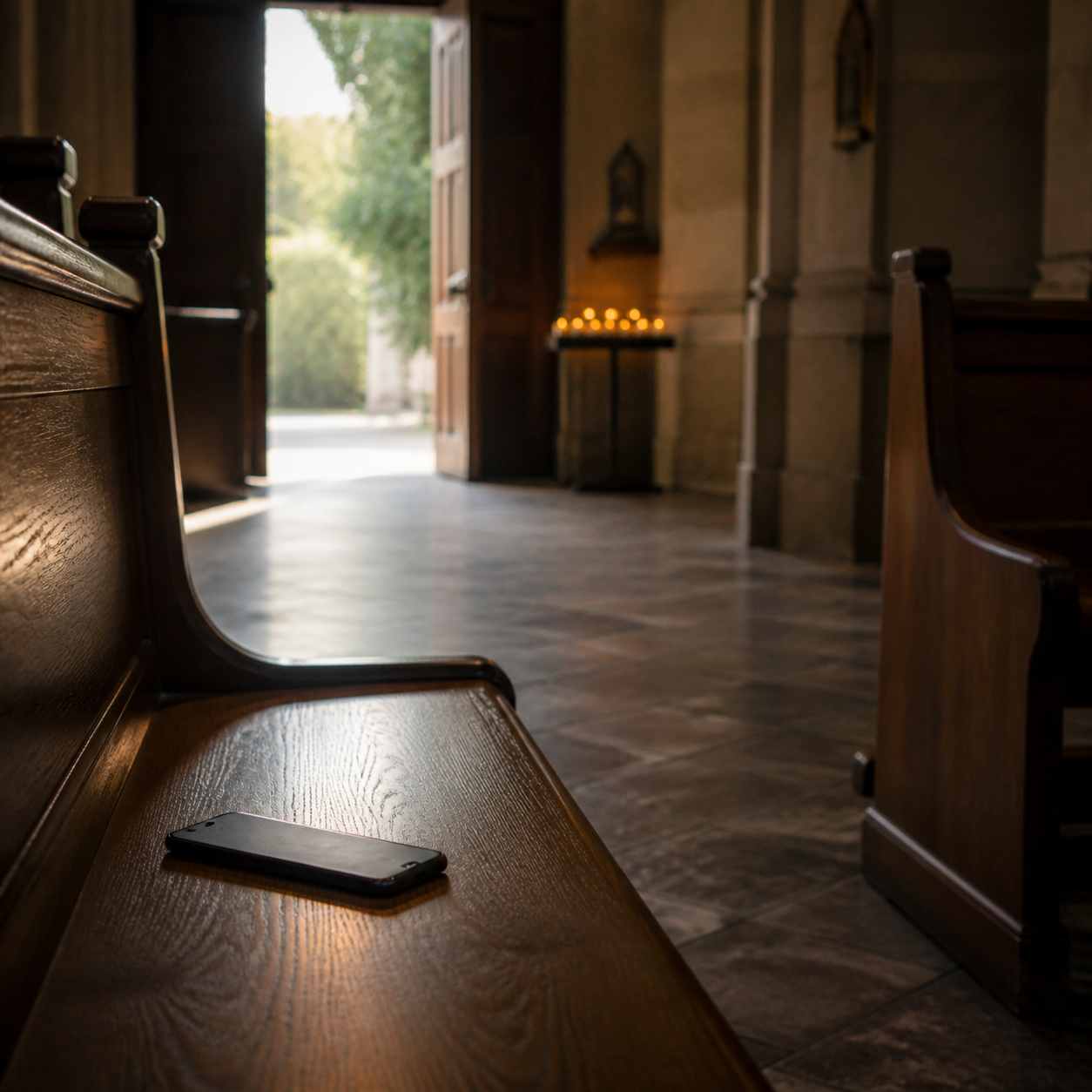 Kirchenbank mit ausgeschaltetem Handy als Zeichen stiller Sehnsucht